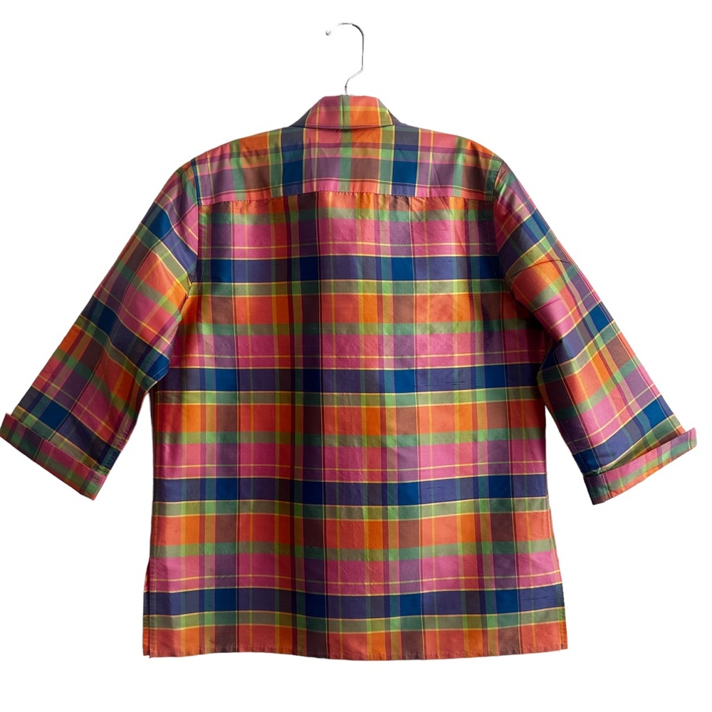 Jones New York Signature Spring Summer Preppy Plaid Silk Shantung Blouse M - Picture 2 of 7